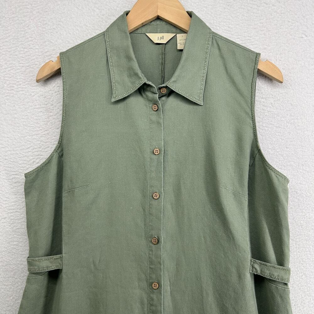 J.JILL Dress L 100% Linen Sleeveless Shirtdress Button Front Green Vintage - Picture 4 of 11